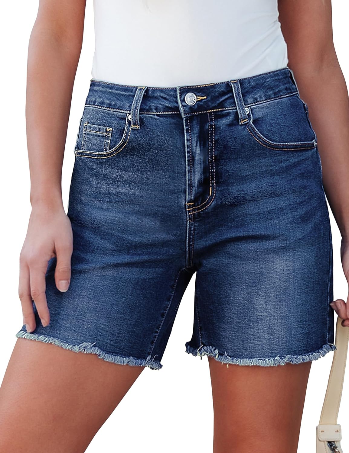luvamia FleXclusive Jean Shorts for Women Trendy High Waisted Stretchy Denim Summer Raw Hem Mom Long Shorts Cutoff Jorts