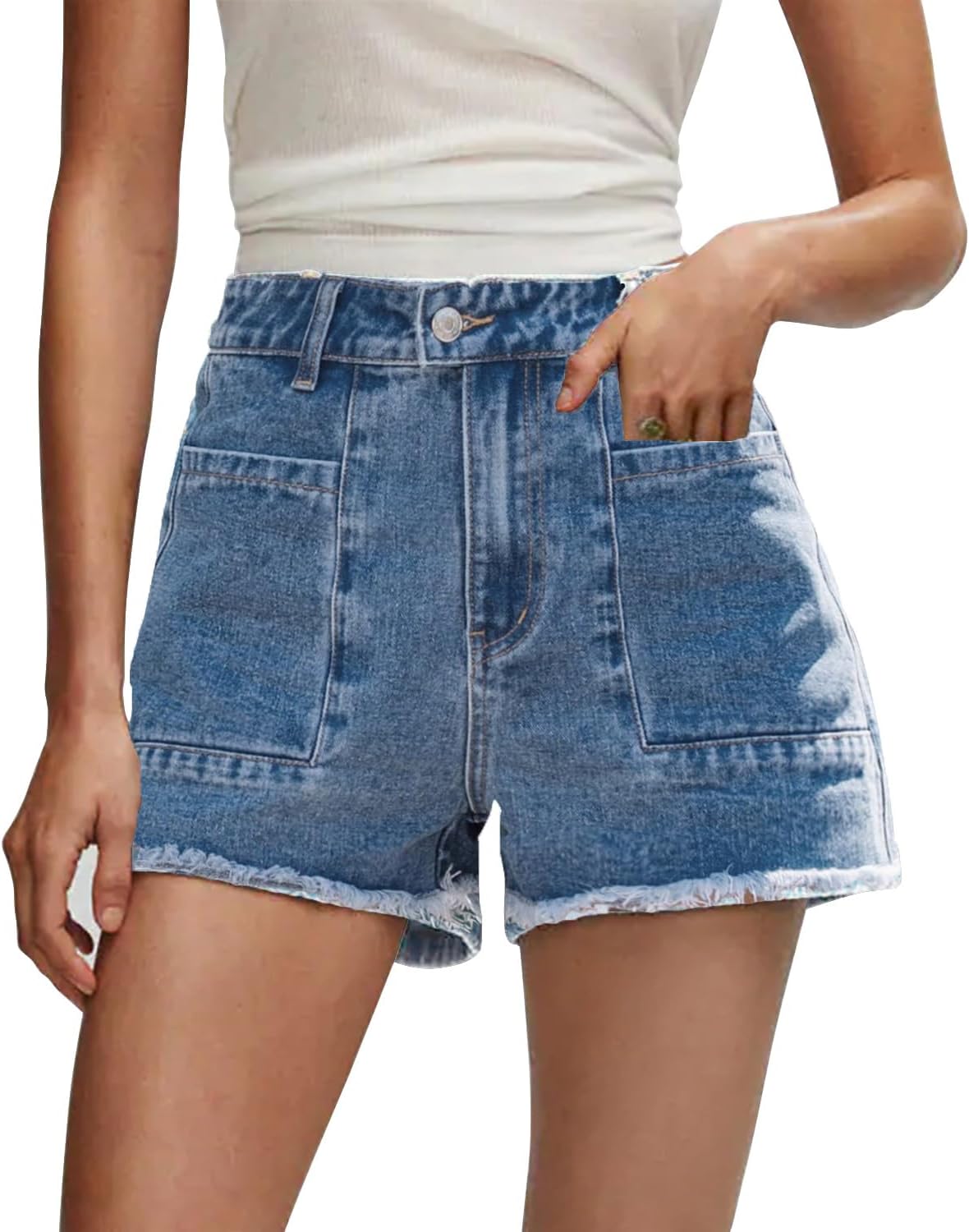ZOLUCKY Women's Casual Summer Denim Shorts Mid Waisted Stretchy Ripped Jean Shorts with Pockets