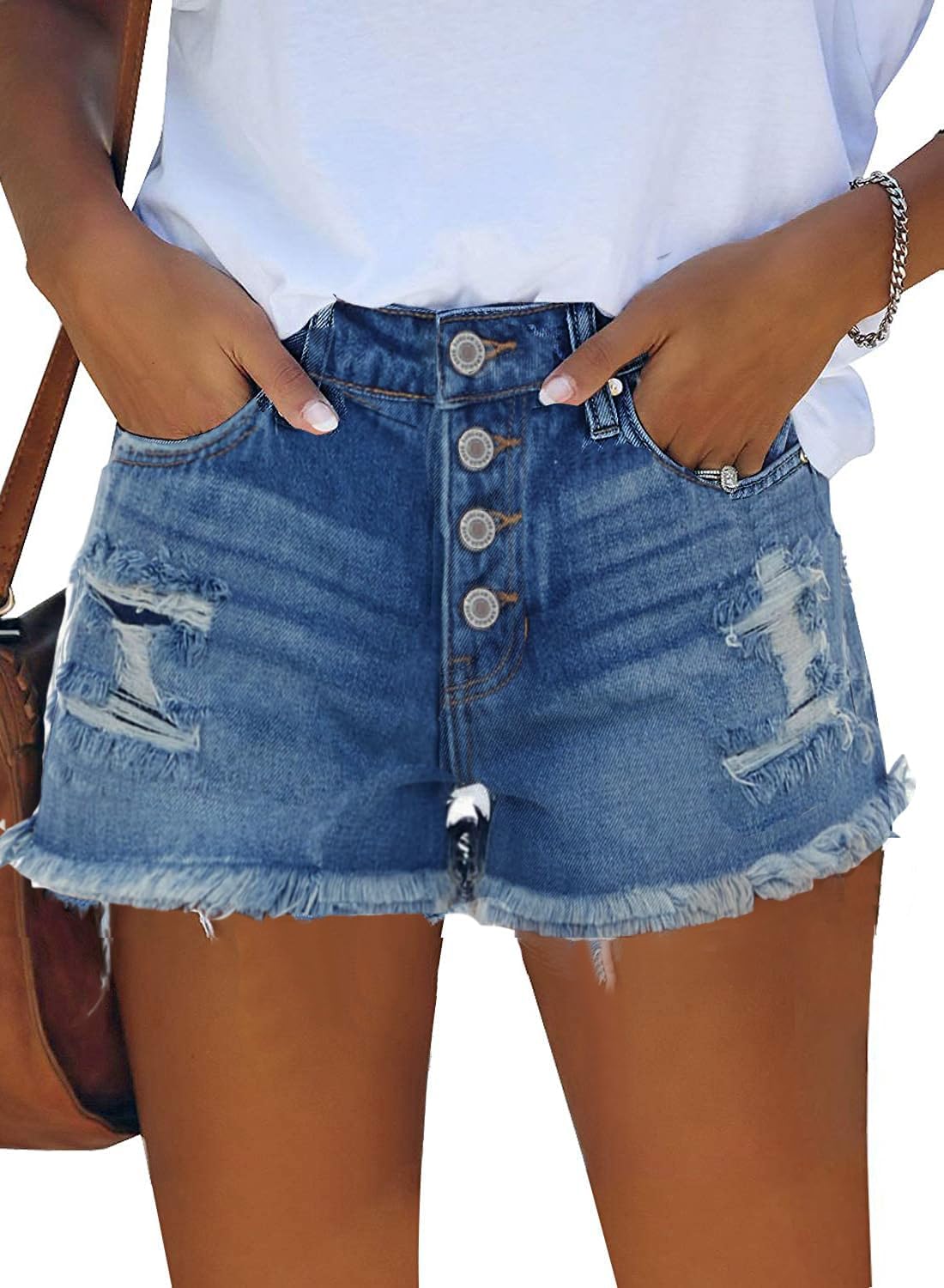 ZOLUCKY Women's Casual Summer Denim Shorts Mid Waisted Stretchy Ripped Jean Shorts with Pockets