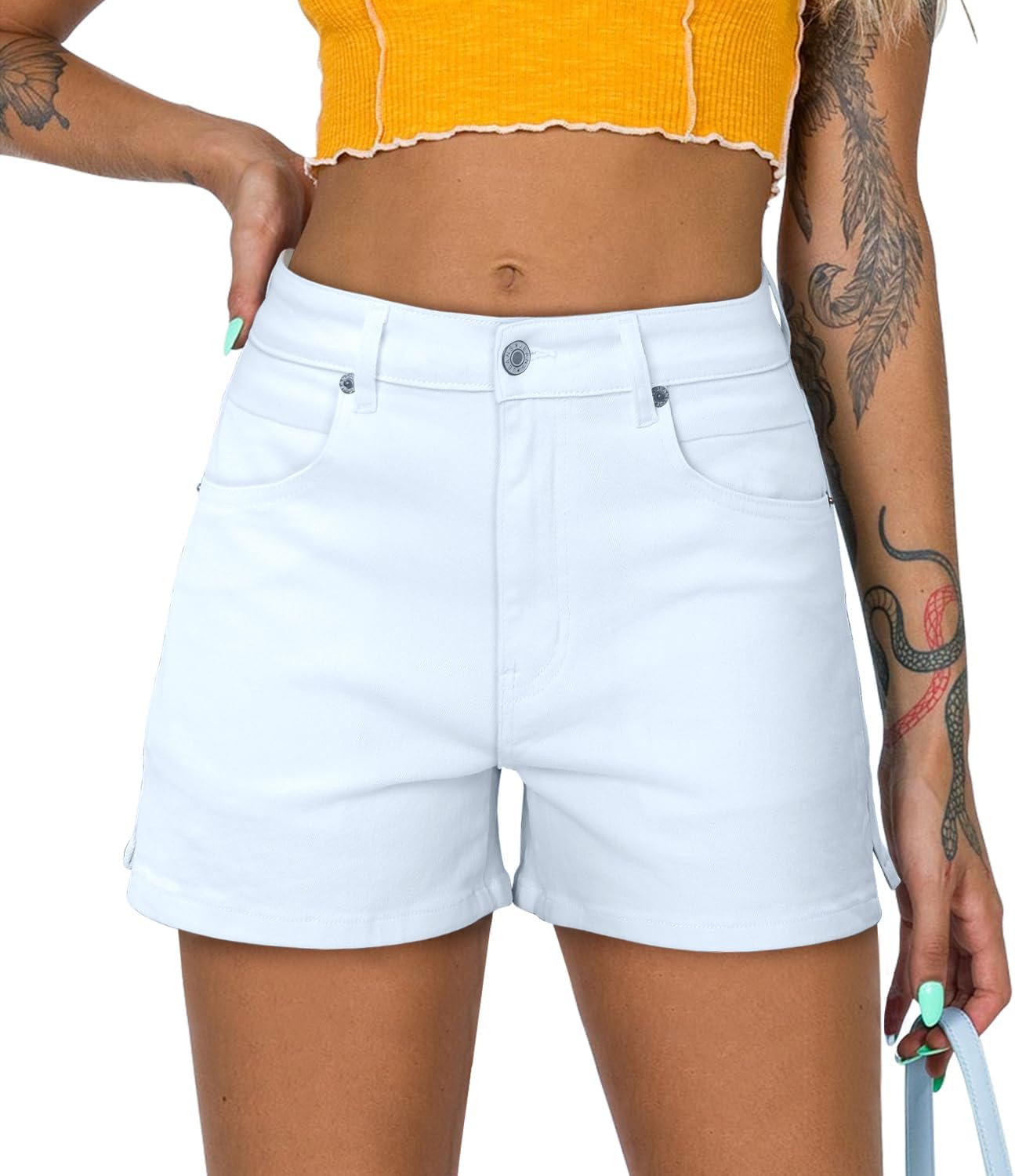 ZOLUCKY Women's Casual Summer Denim Shorts Mid Waisted Stretchy Ripped Jean Shorts with Pockets