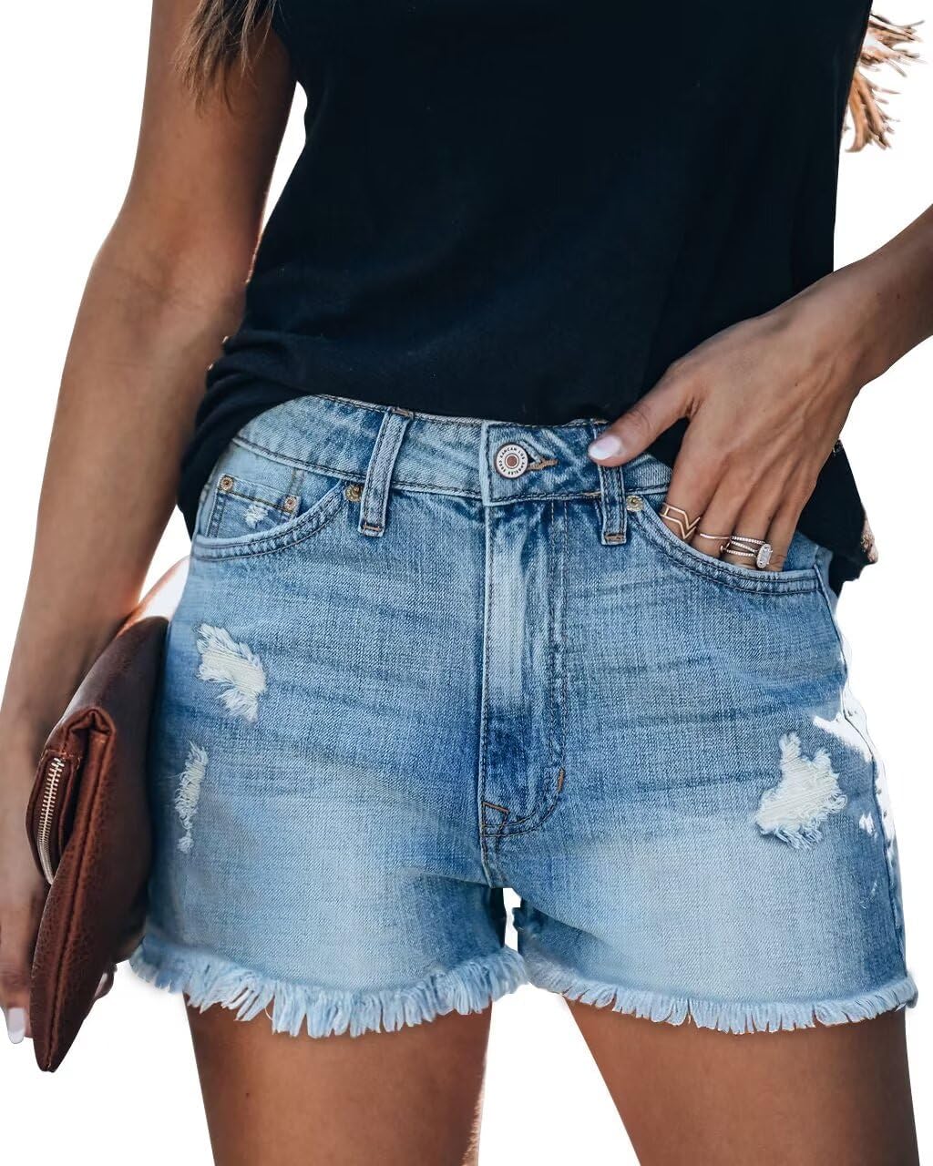 ZOLUCKY Women's Casual Summer Denim Shorts Mid Waisted Stretchy Ripped Jean Shorts with Pockets
